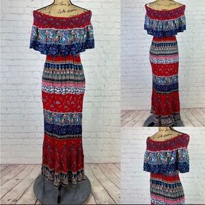Altar’d State On/Off Shoulder Crinkly Boho Print Maxi